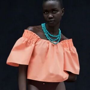 ZARA // peach poplin butterfly sleeve elastic square neckline off shoulder top